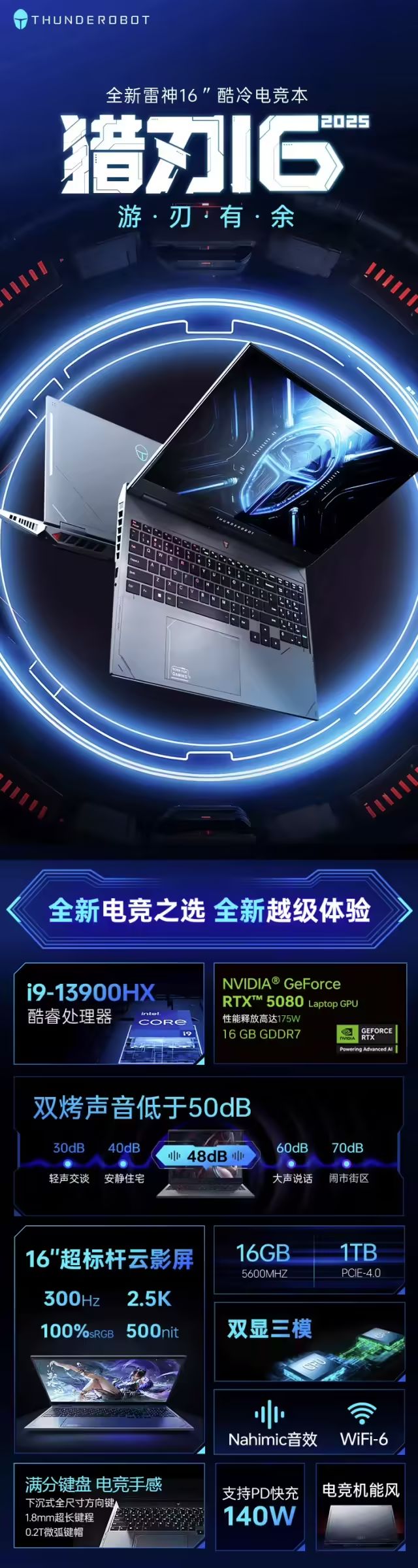 雷神2025款獵刃16筆記本國補價11999元：RTX5080