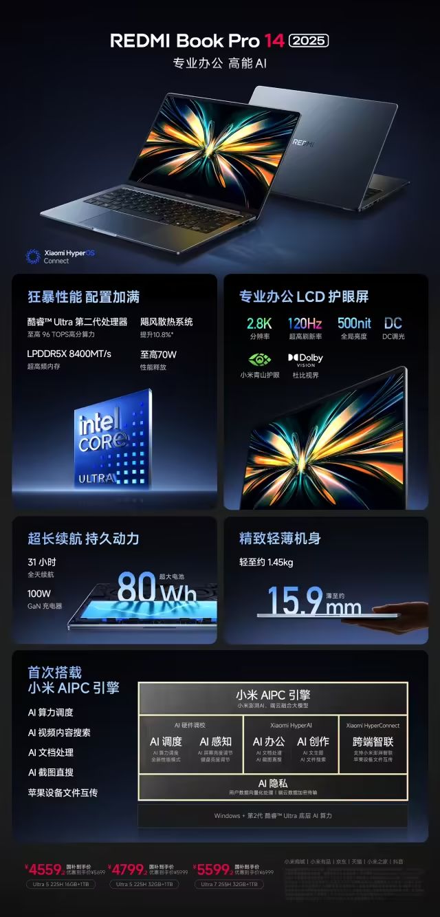 小米REDMIBookPro2025筆記型電腦現已開售：酷睿Ultra200H處理器，國補4559.2元起