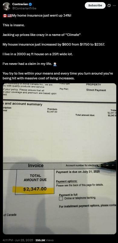 加拿大屋主崩潰曬賬單！房屋保險暴漲$600！大批人都“被漲價”！專家爆原因