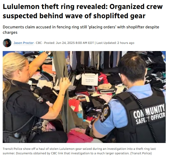 加拿大Lululemon驚爆“偷貨黑產鏈”！華人女子涉“點單”轉賣出國！家中被抄出$17萬贓物