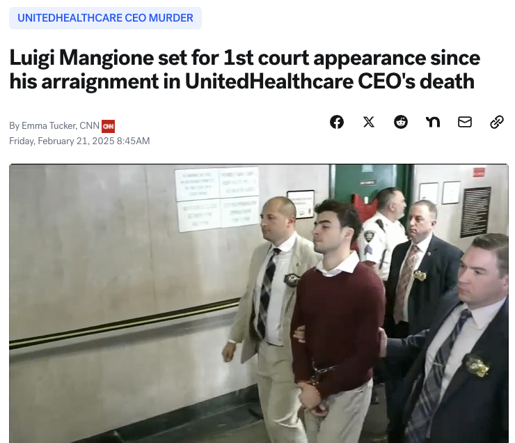 槍殺CEO案嫌犯首次出庭，面臨謀殺和恐怖襲擊指控