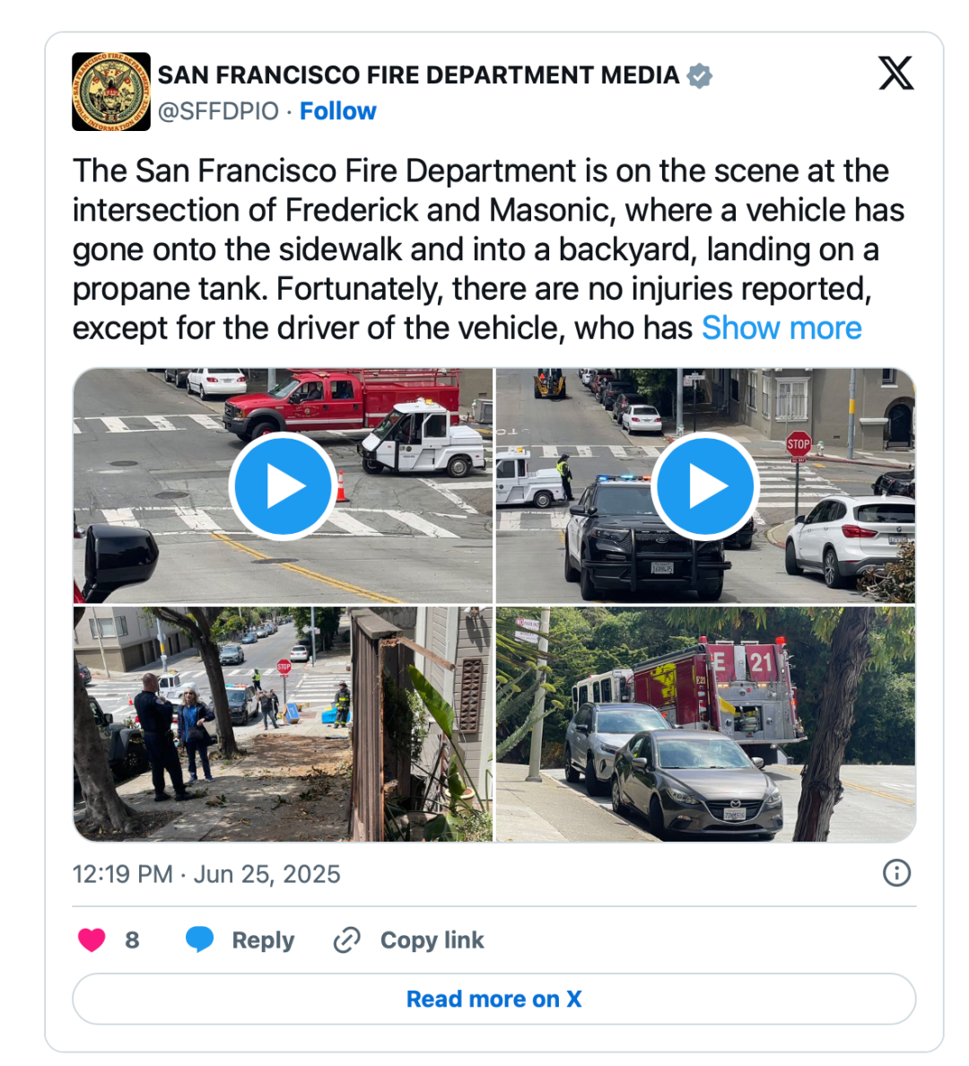 舊金山｜驚魂！私家車失控撞向民宅燃氣桶，目擊者驚呼：整條街差點被炸飛！