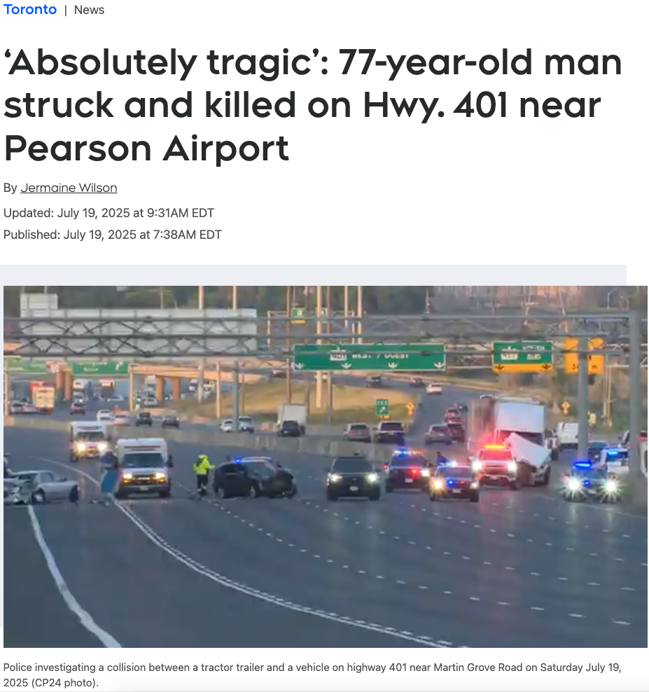 “絕對悲慘”！多倫多男子在401高速與大貨櫃相撞後，下車卻被過往車輛撞倒身亡