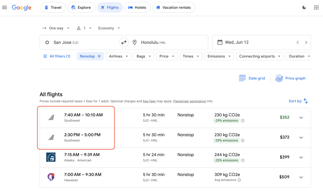 GoogleFlights現在可以搜到Southwest西南航空了！
