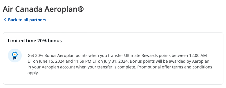轉點獎勵活動彙總【ChaseUR->AeroplanAC20％Bonus】